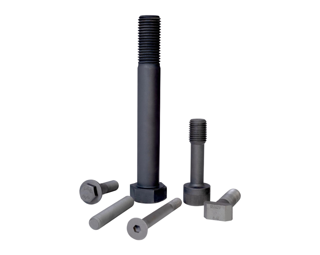 "Black heavy-duty industrial bolts and screws for machinery and engineering applications on white background.
